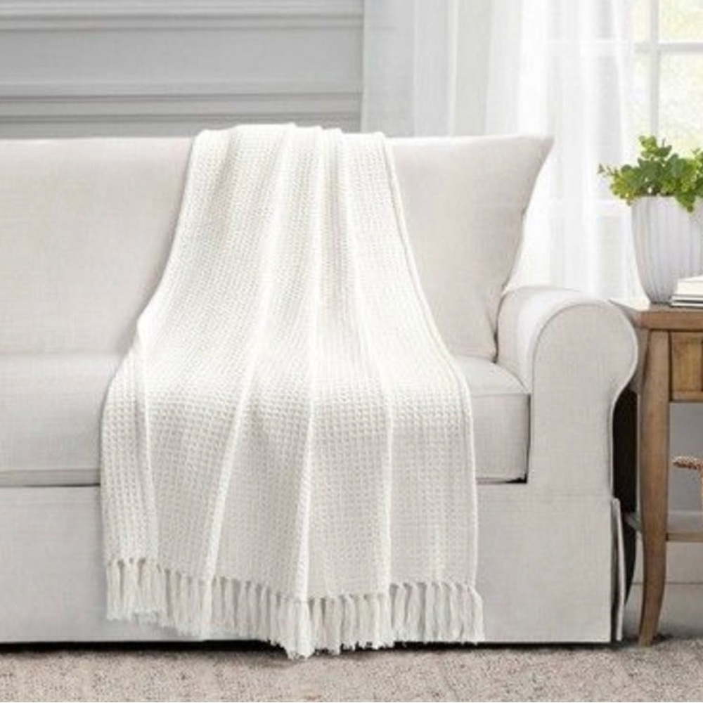 NEW Waffle Cotton Knit Throw Blanket White - Lush Décor 50"x60"